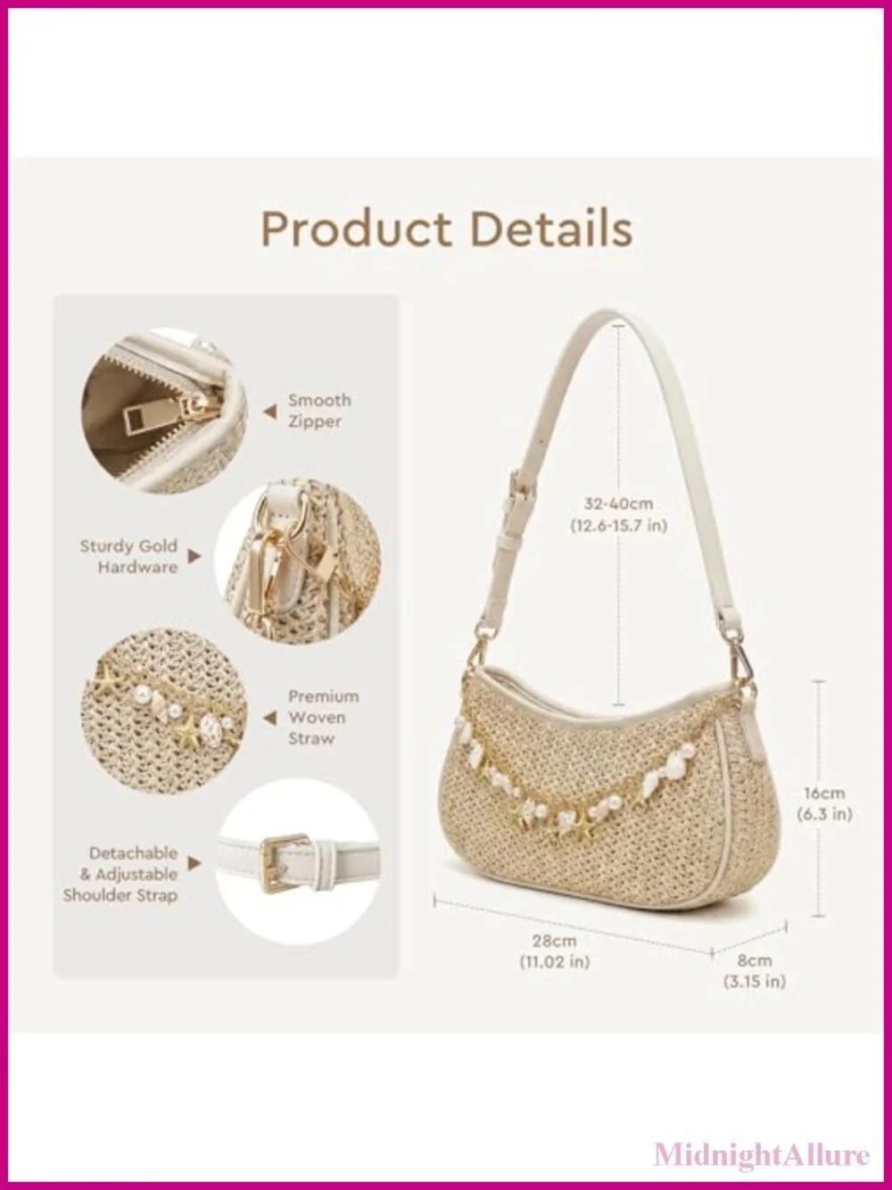 Woven Raffia Straw Shoulder Hobo Bag Charm Chain Summer Beach Purse